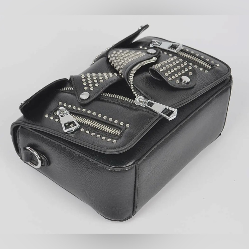 Faux Leather Studded Motto Jacket Clutch w/ Detachable Strap- Black NWT - Picture 3 of 7